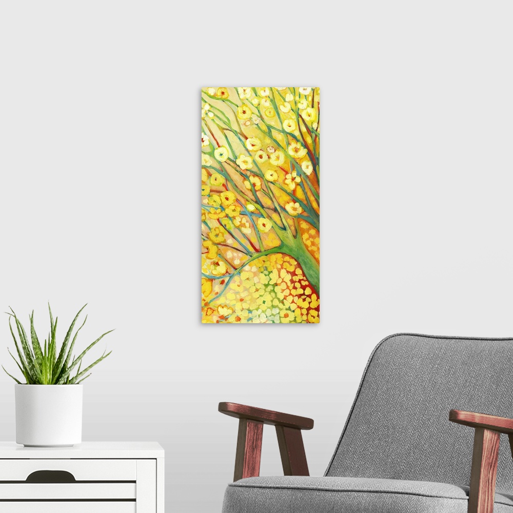 A modern room featuring Budding yellow flowers sprout from tree branches and fall below on this vertical print.
