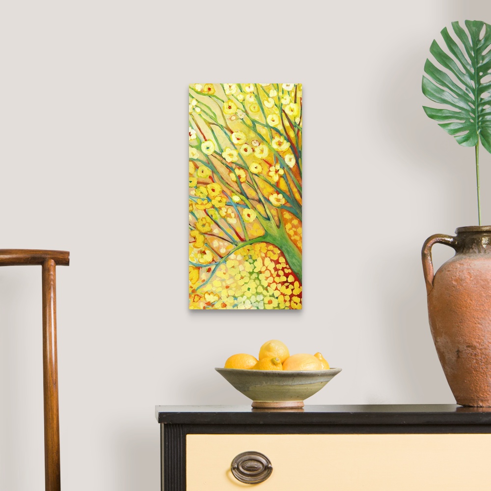 A traditional room featuring Budding yellow flowers sprout from tree branches and fall below on this vertical print.