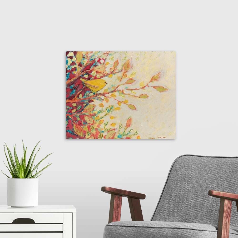 A modern room featuring Landscape, large artwork of a small bird looking outward from a tree branch, surrounded by many s...