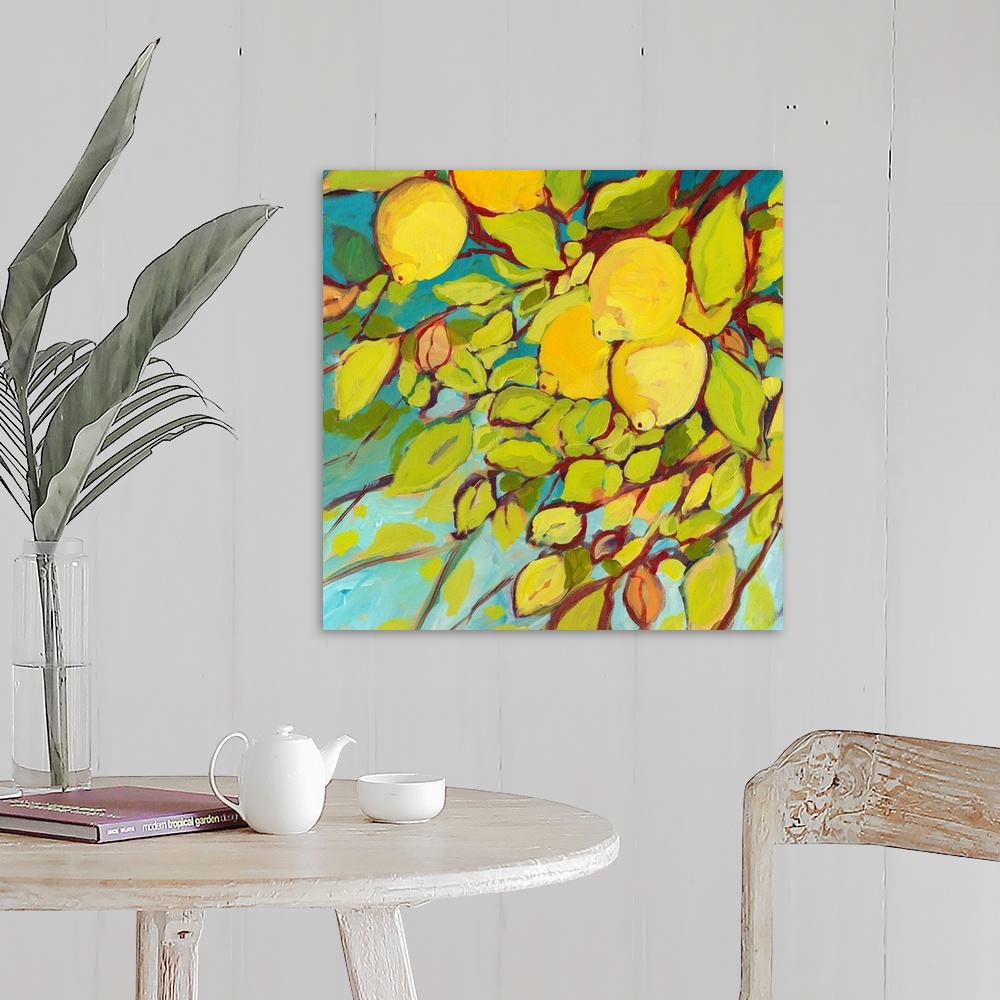 A farmhouse room featuring Contemporary painting of lemon tree with an up close view of the leaves and lemons.