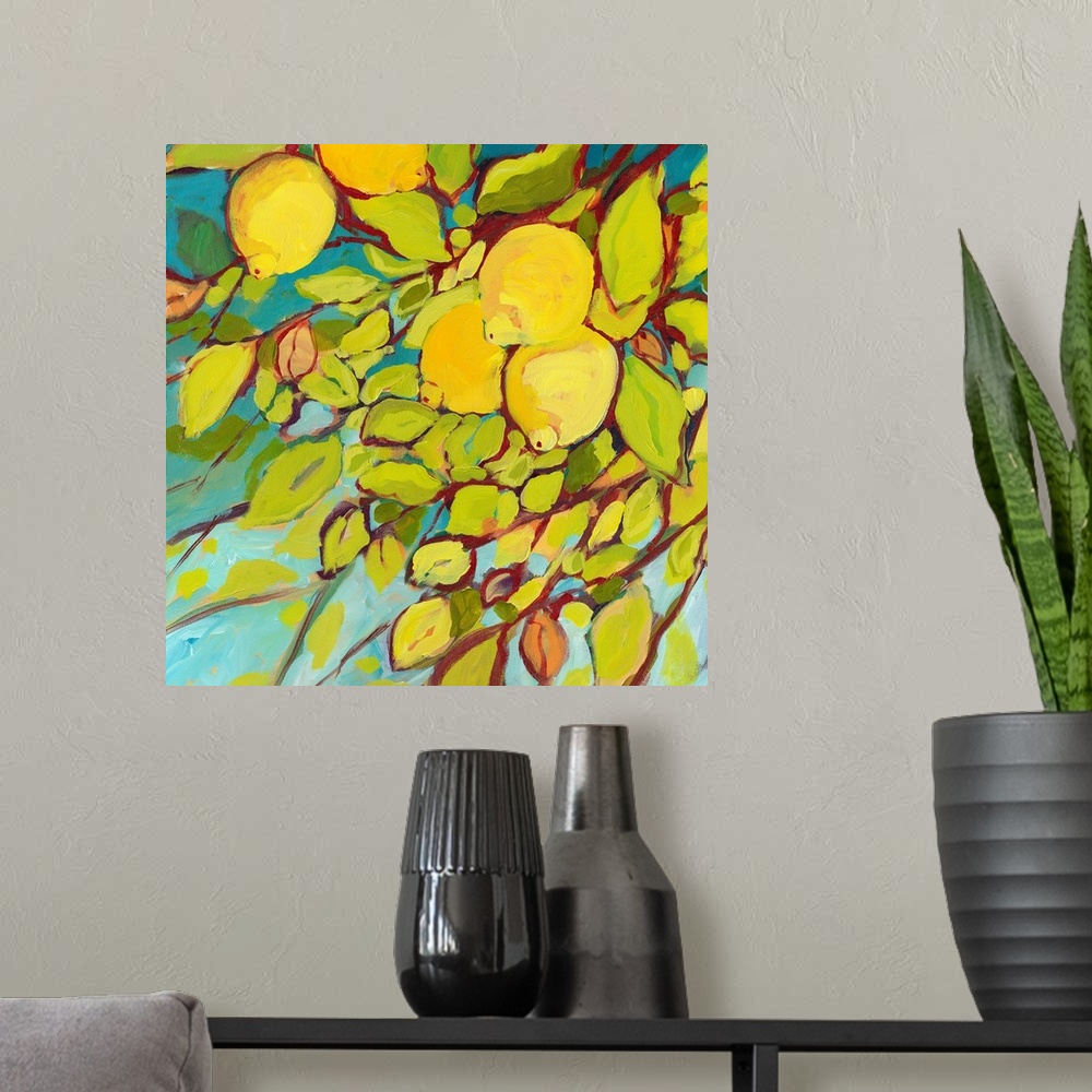 A modern room featuring Contemporary painting of lemon tree with an up close view of the leaves and lemons.