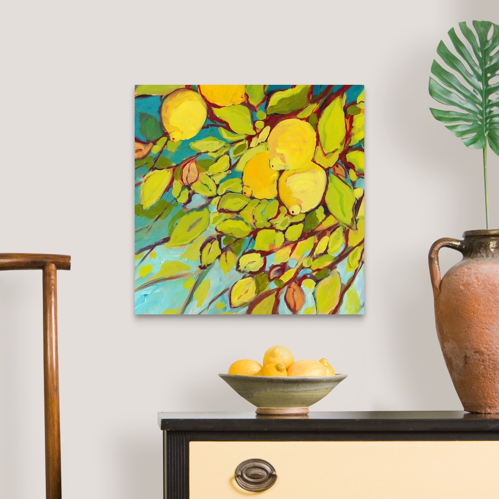 A traditional room featuring Contemporary painting of lemon tree with an up close view of the leaves and lemons.