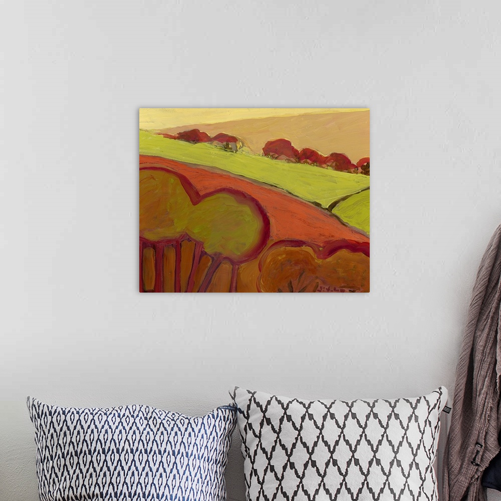 A bohemian room featuring Contemporary abstract painting of hillside with trees.