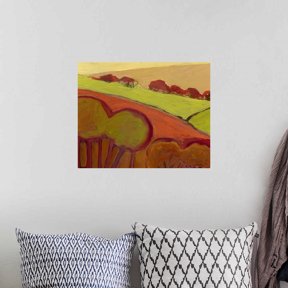 A bohemian room featuring Contemporary abstract painting of hillside with trees.