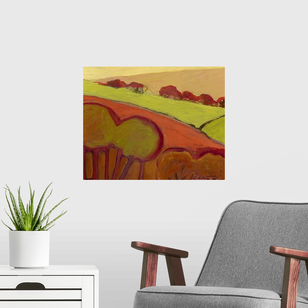 A modern room featuring Contemporary abstract painting of hillside with trees.