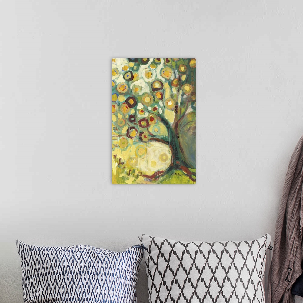 A bohemian room featuring Contemporary abstract painting leaf filled tree.  The fall leaves are represented by circles, som...