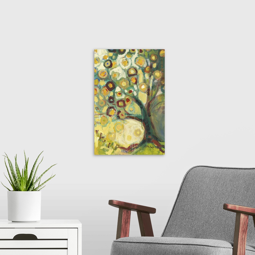 A modern room featuring Contemporary abstract painting leaf filled tree.  The fall leaves are represented by circles, som...