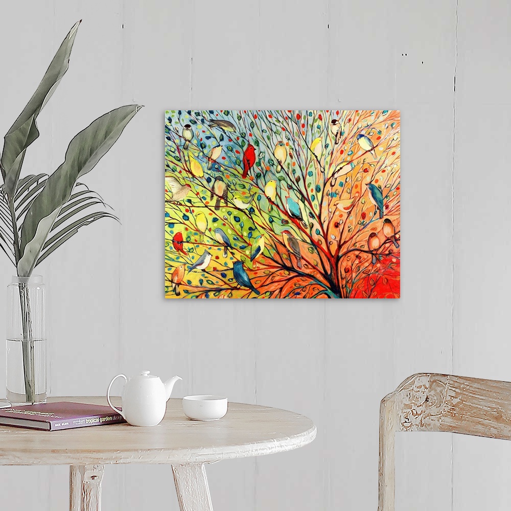 A farmhouse room featuring Landscape, oversized contemporary painting of a variety of birds in a tree with flowing branches ...