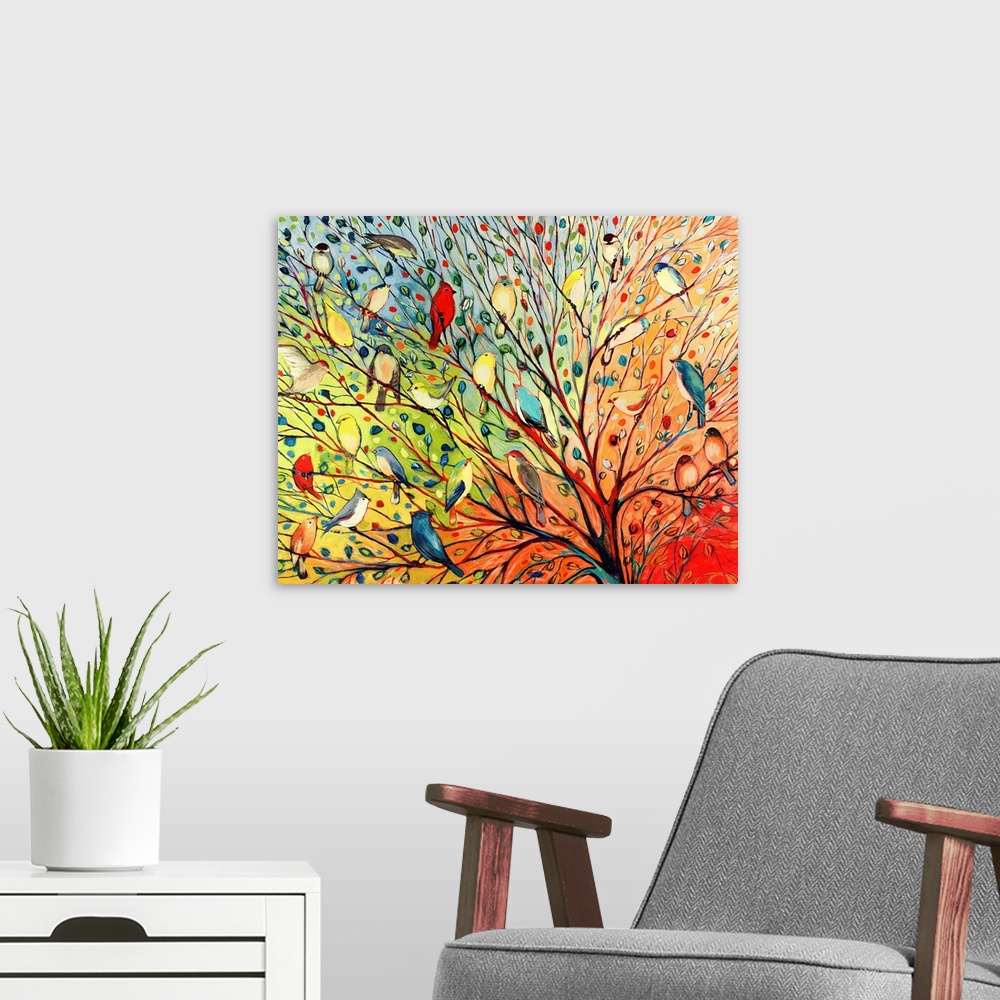 A modern room featuring Landscape, oversized contemporary painting of a variety of birds in a tree with flowing branches ...