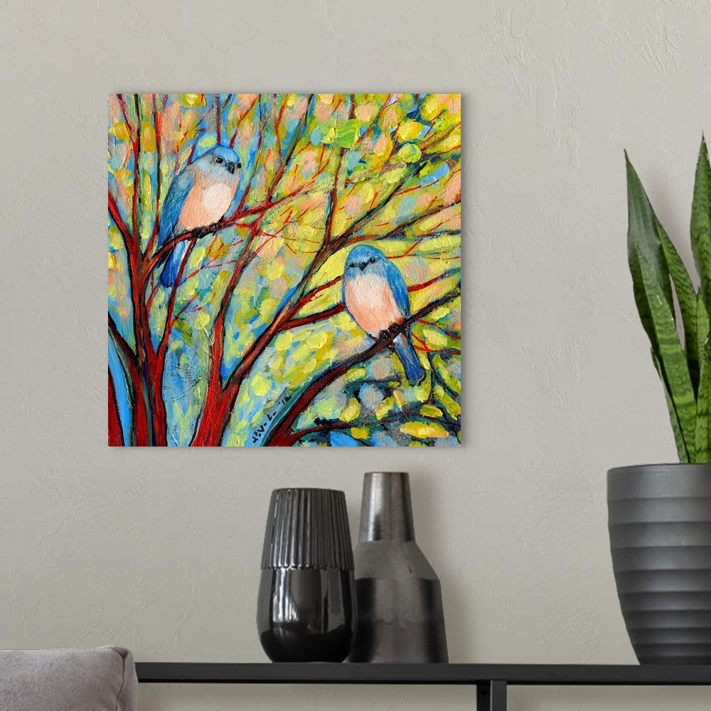 A modern room featuring A contemporary, square painting with dry brush stroke textures of birds sitting in a stylized tre...