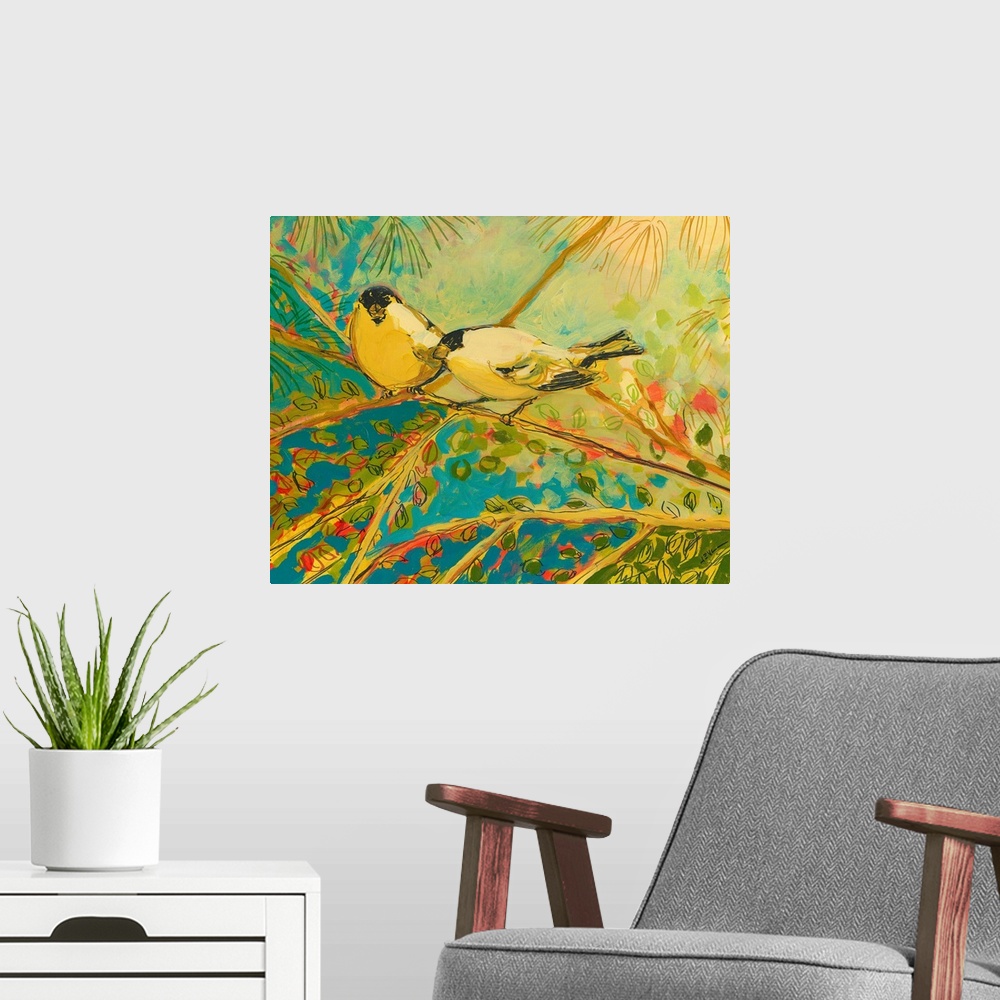 A modern room featuring Huge contemporary art portrays a couple birds sitting on a tree branch during a sunny day.  Artis...