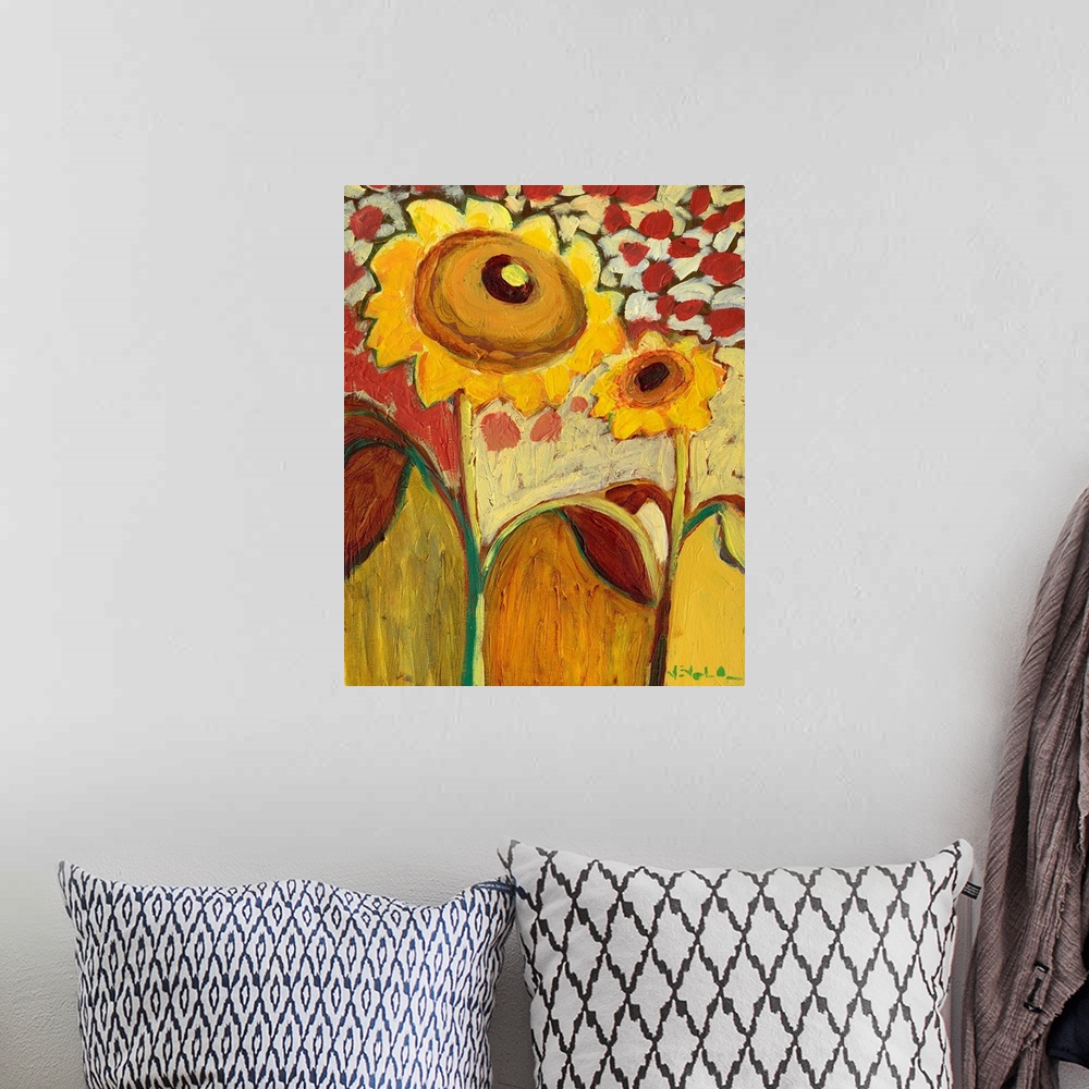A bohemian room featuring Big, vertical abstract painting of a sunflower field, the main focus being two large sunflowers i...