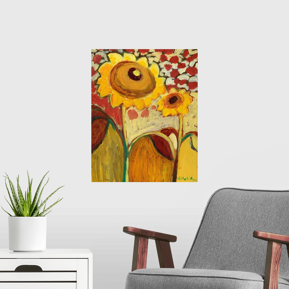 A modern room featuring Big, vertical abstract painting of a sunflower field, the main focus being two large sunflowers i...
