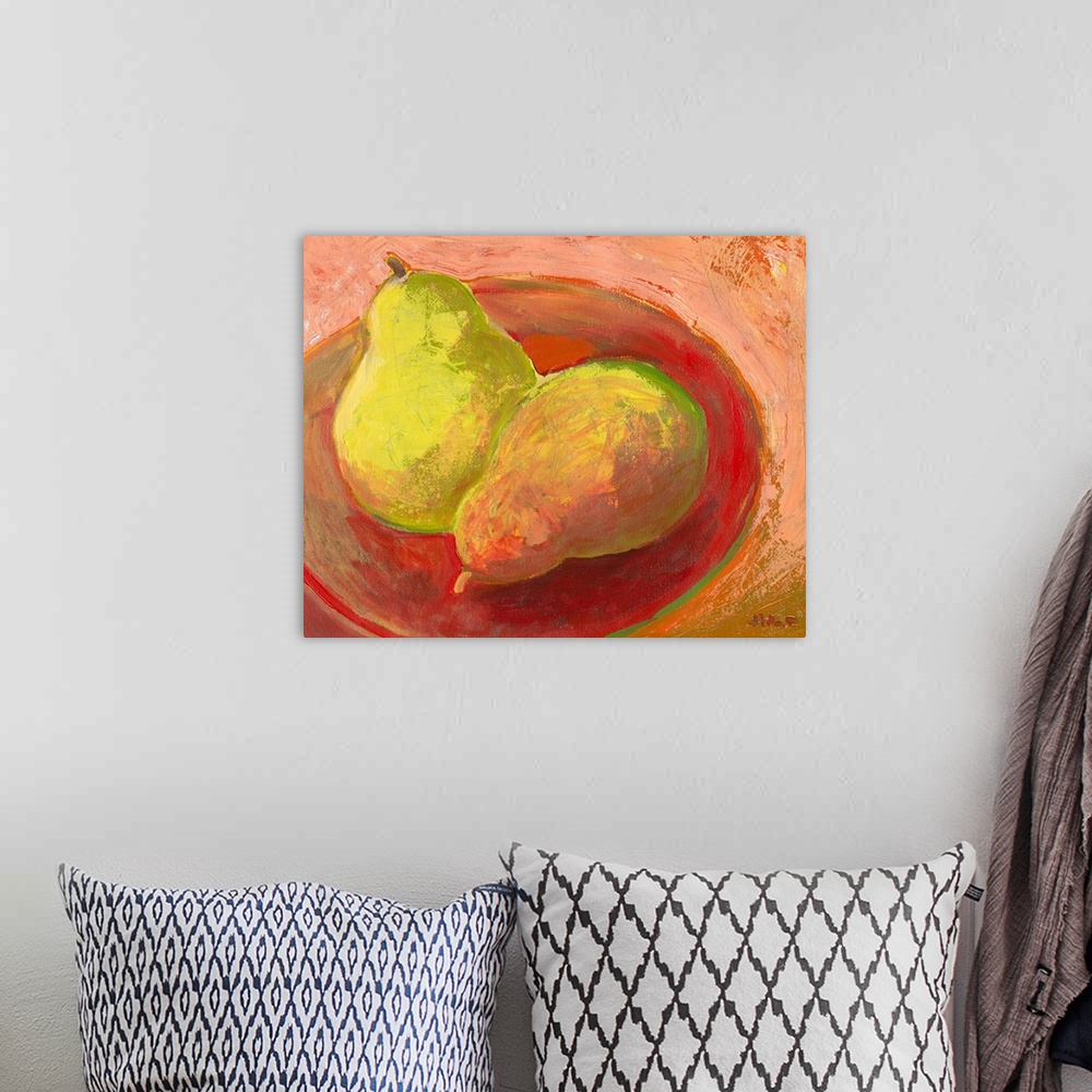 A bohemian room featuring Contemporary painting of two pieces of fruit in a bowl.