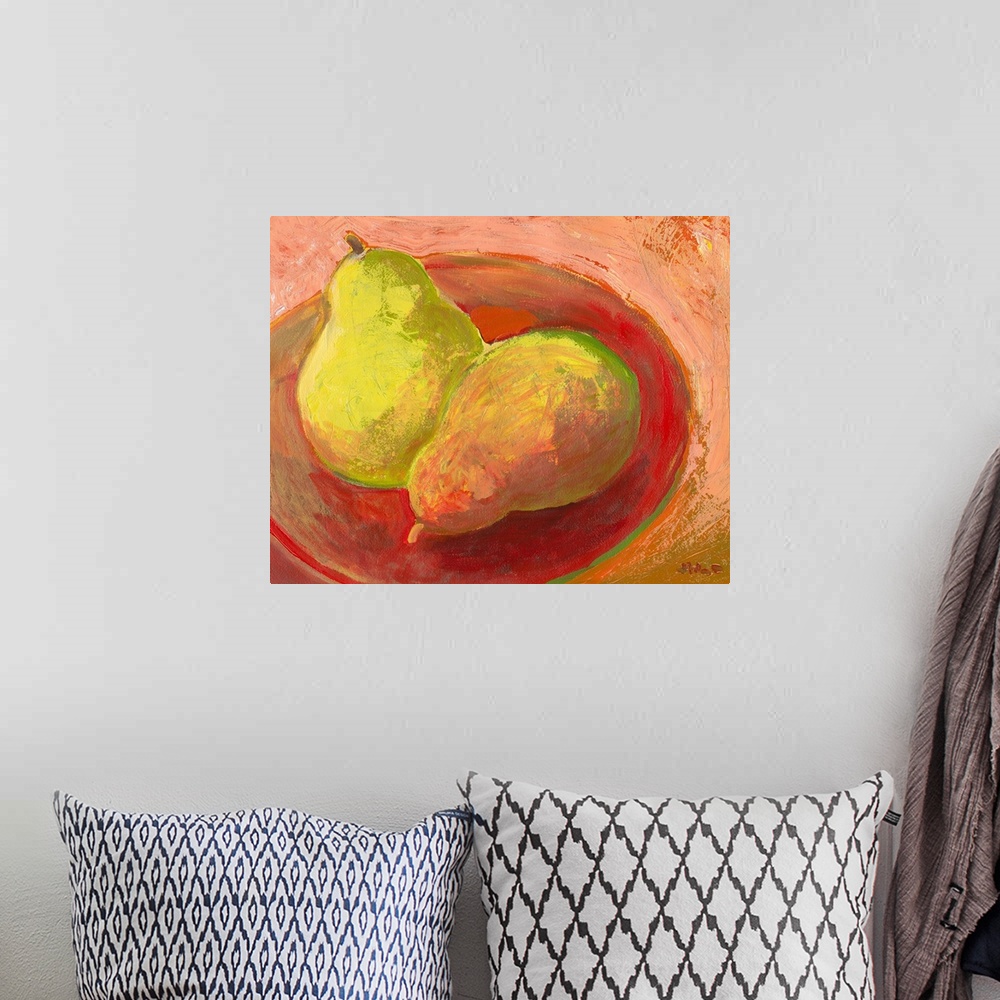 A bohemian room featuring Contemporary painting of two pieces of fruit in a bowl.