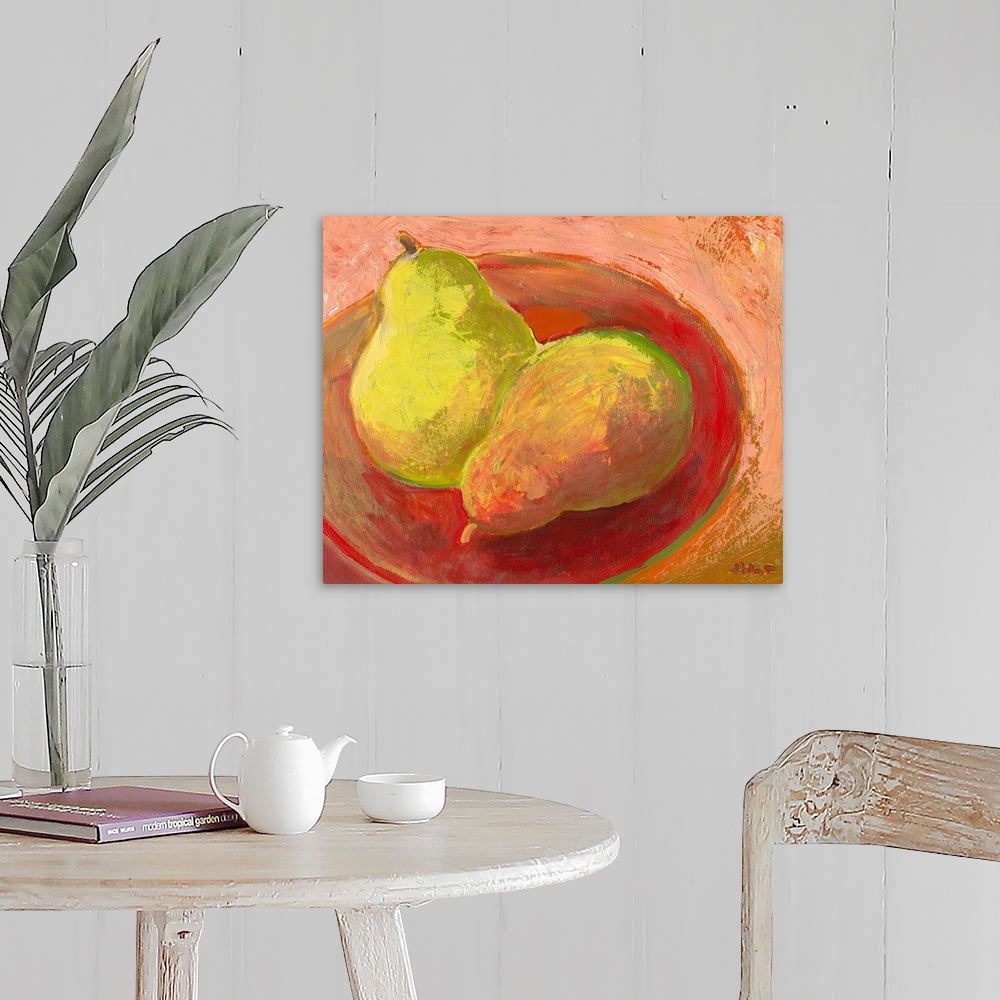 A farmhouse room featuring Contemporary painting of two pieces of fruit in a bowl.