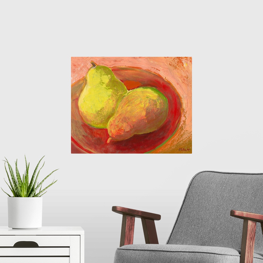 A modern room featuring Contemporary painting of two pieces of fruit in a bowl.