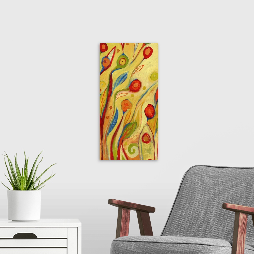 A modern room featuring Contemporary vertical painting of circle flowers radiating in the bright background.