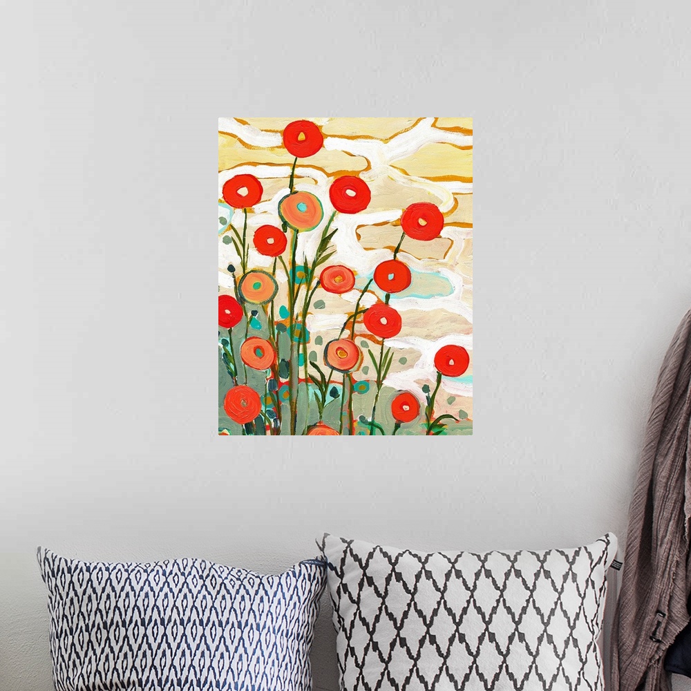 A bohemian room featuring Giant contemporary art depicts an assortment of poppy flowers constructed of lots of circles and ...