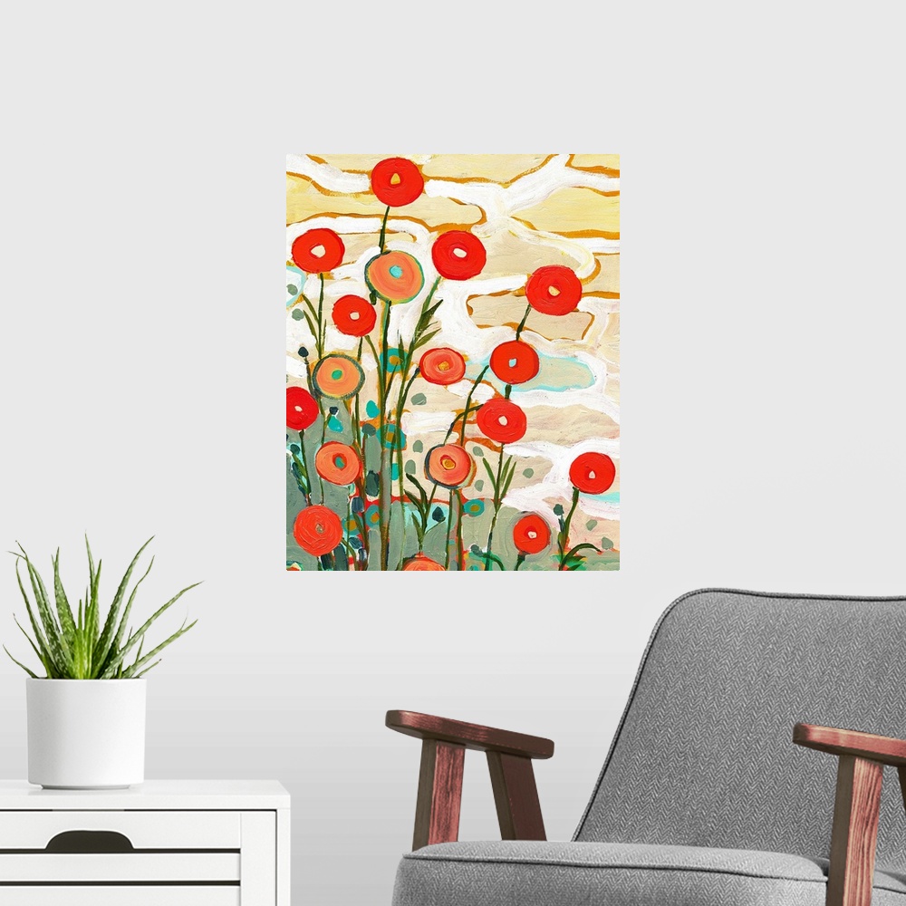 A modern room featuring Giant contemporary art depicts an assortment of poppy flowers constructed of lots of circles and ...