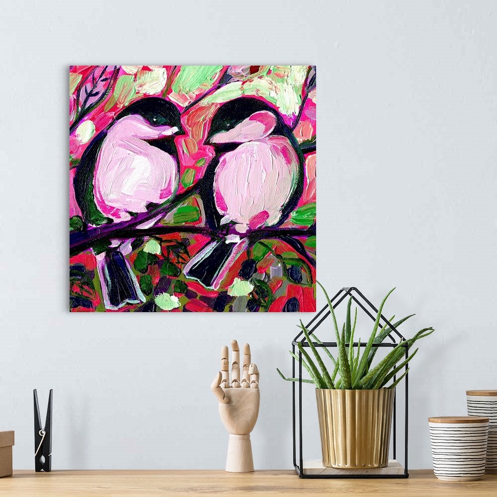 A bohemian room featuring A painting of two birds sitting on a tree branch surrounded by vibrant colors and flowers.