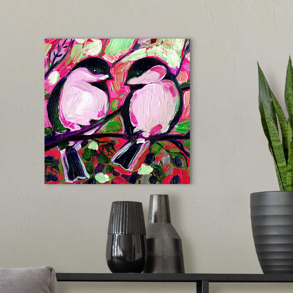A modern room featuring A painting of two birds sitting on a tree branch surrounded by vibrant colors and flowers.