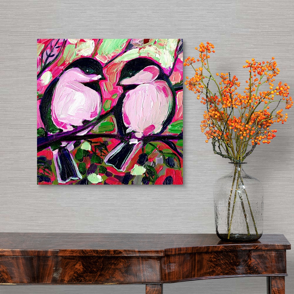 A traditional room featuring A painting of two birds sitting on a tree branch surrounded by vibrant colors and flowers.