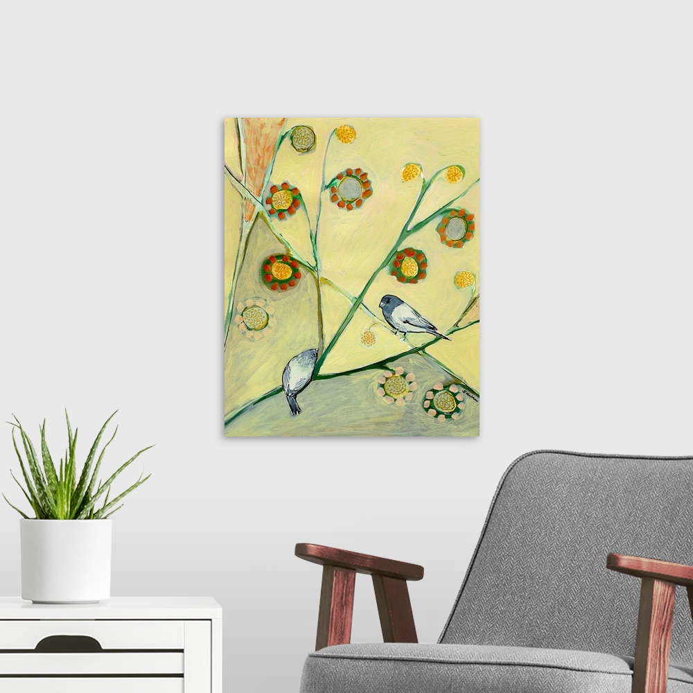 A modern room featuring Large, portrait fine art painting of two birds perched on branches across from each other, surrou...