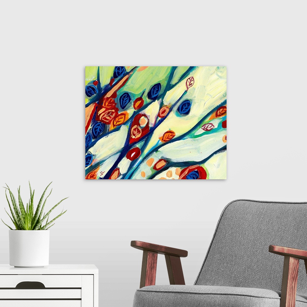 A modern room featuring Large abstract painting featuring mutlicolored leaves and branches in a mix of cool and vibrant t...