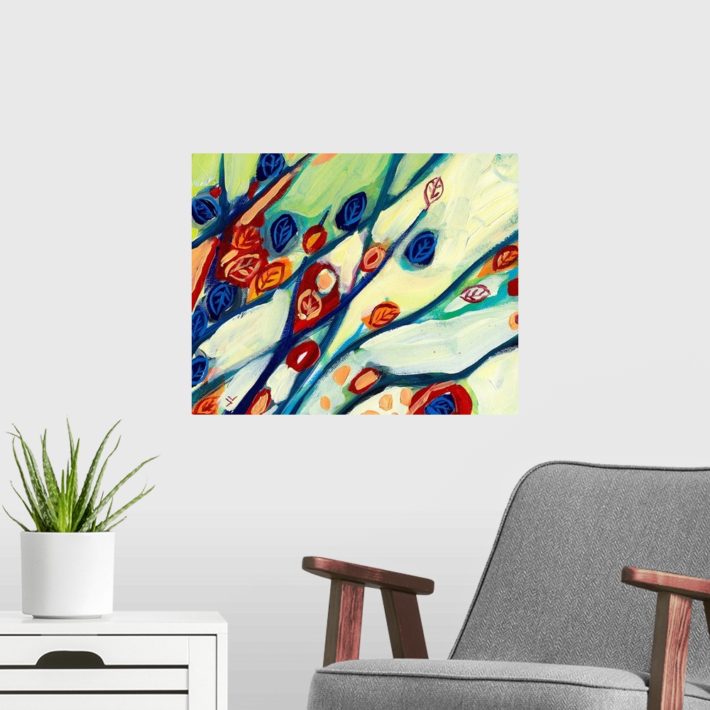 A modern room featuring Large abstract painting featuring mutlicolored leaves and branches in a mix of cool and vibrant t...