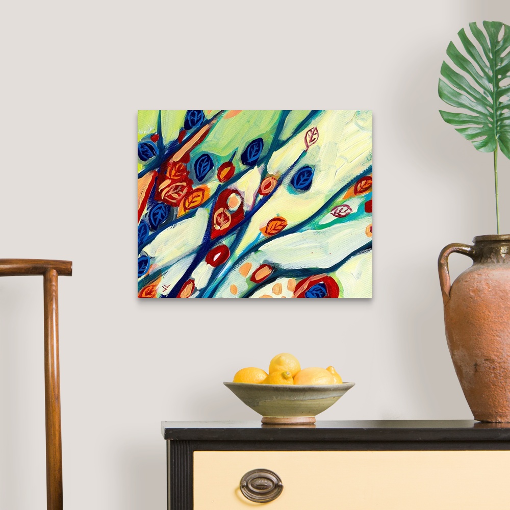 A traditional room featuring Large abstract painting featuring mutlicolored leaves and branches in a mix of cool and vibrant t...