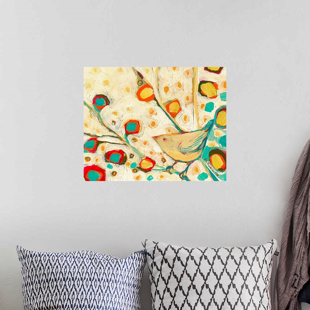 A bohemian room featuring This abstract painting shows a stylized bird resting on braches filled with radiant floral shapes.
