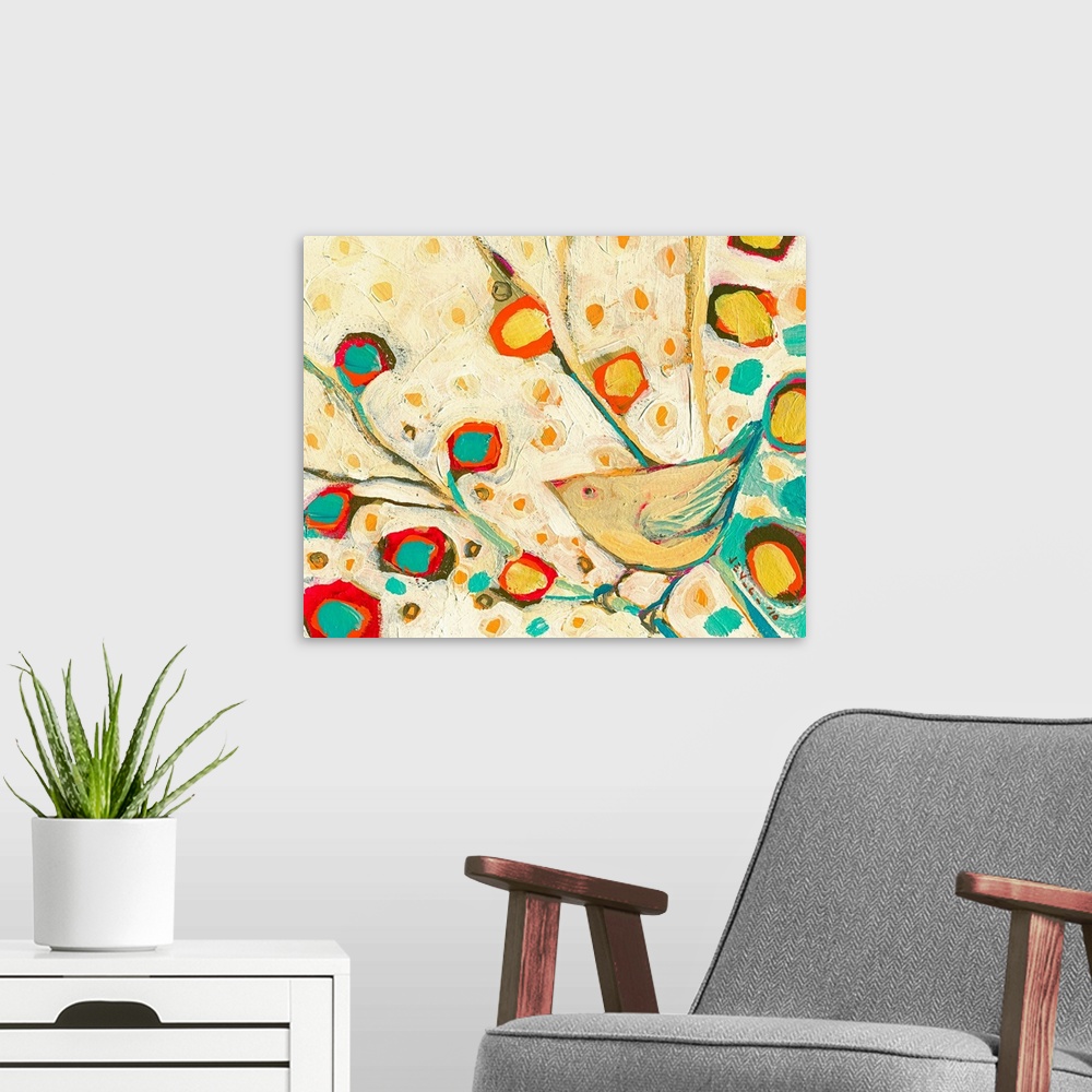 A modern room featuring This abstract painting shows a stylized bird resting on braches filled with radiant floral shapes.