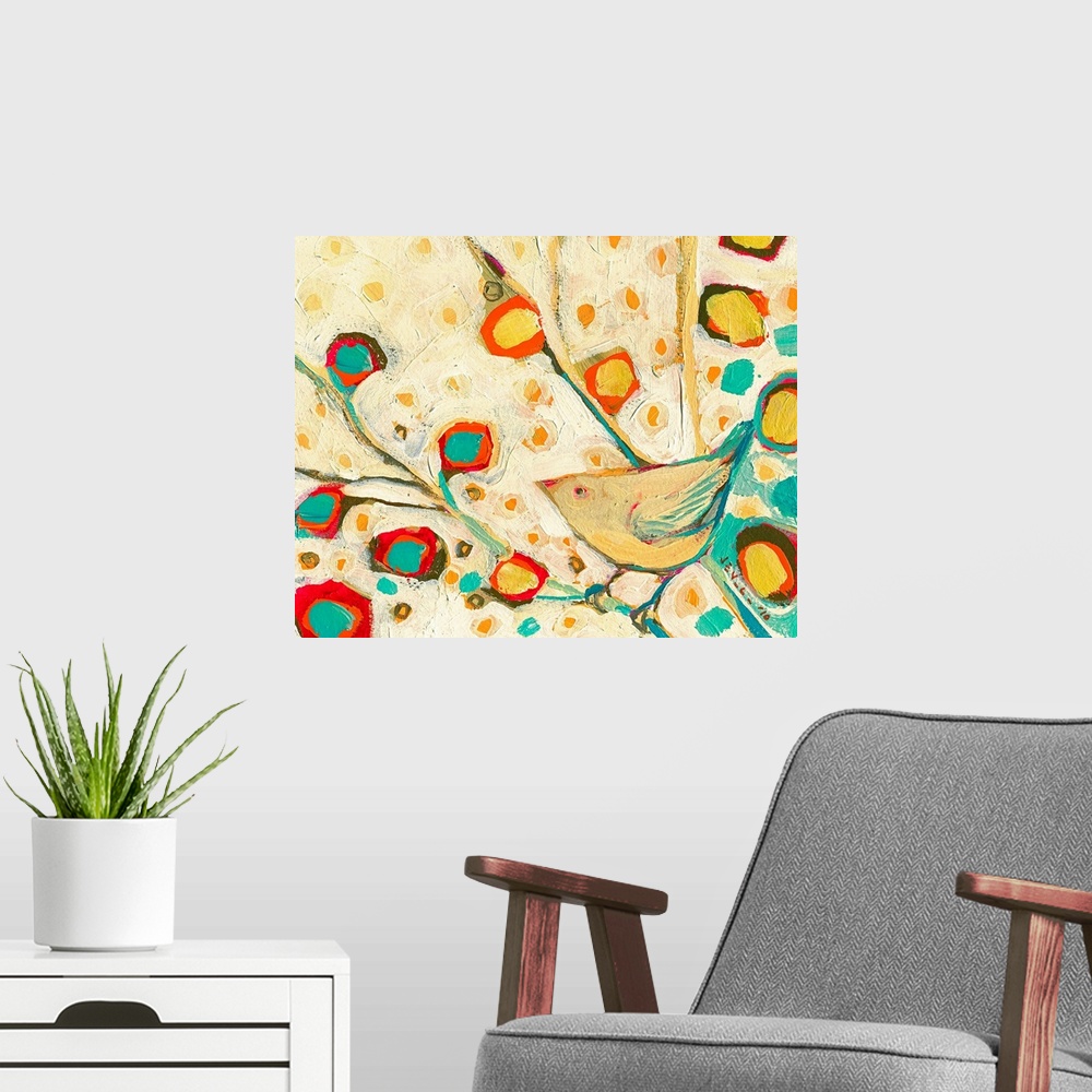 A modern room featuring This abstract painting shows a stylized bird resting on braches filled with radiant floral shapes.