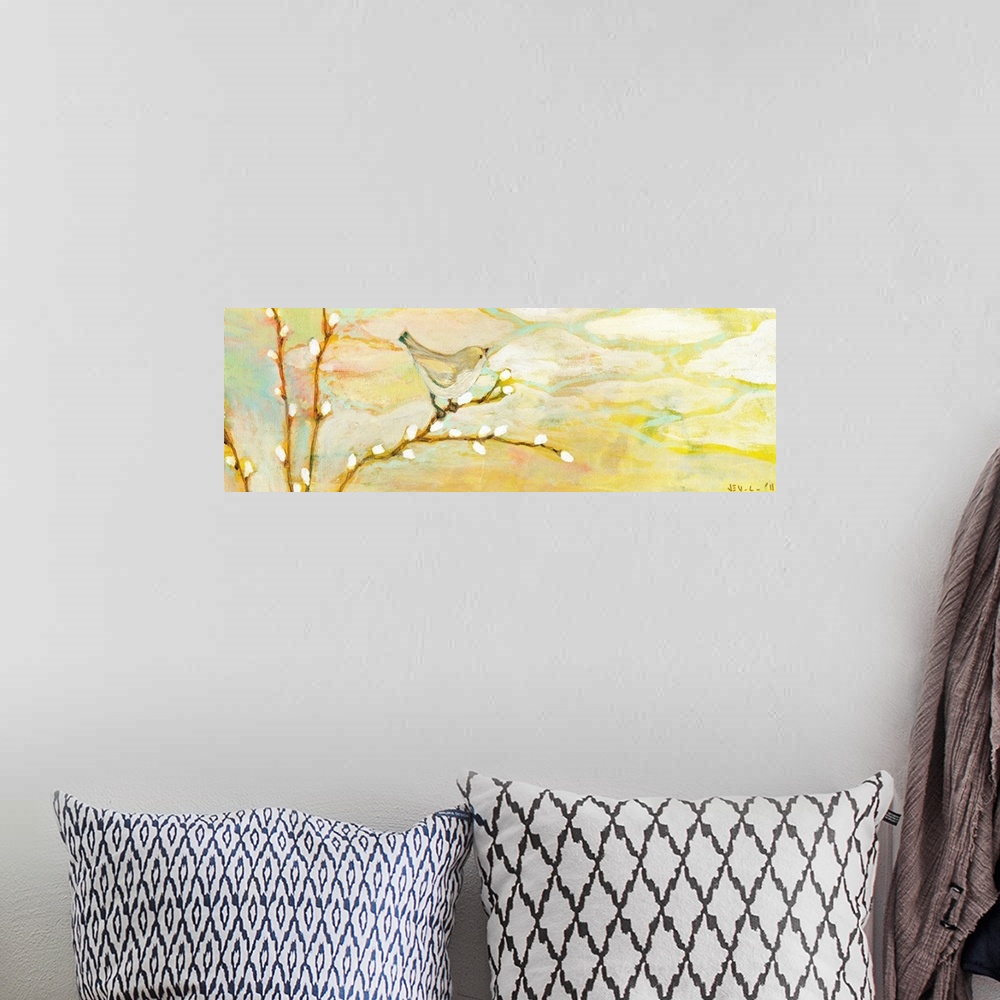 A bohemian room featuring A wide panoramic painting of a bird sitting on a branch in spring.