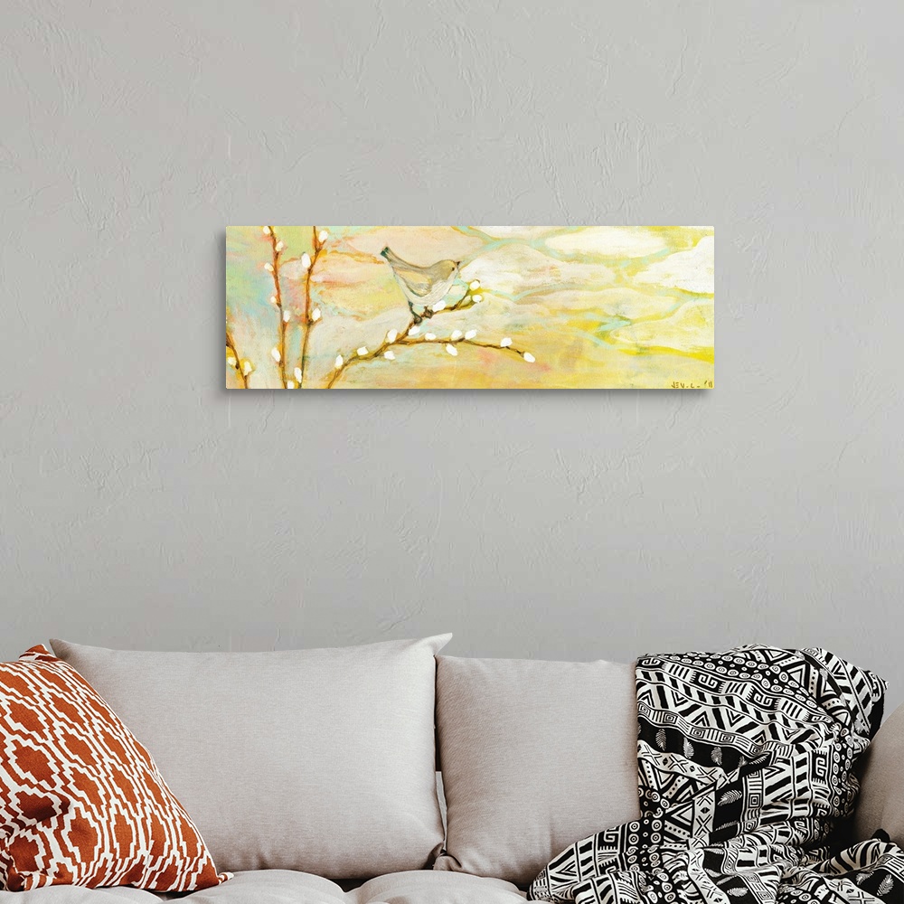 A bohemian room featuring A wide panoramic painting of a bird sitting on a branch in spring.