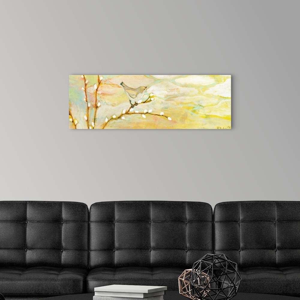 A modern room featuring A wide panoramic painting of a bird sitting on a branch in spring.