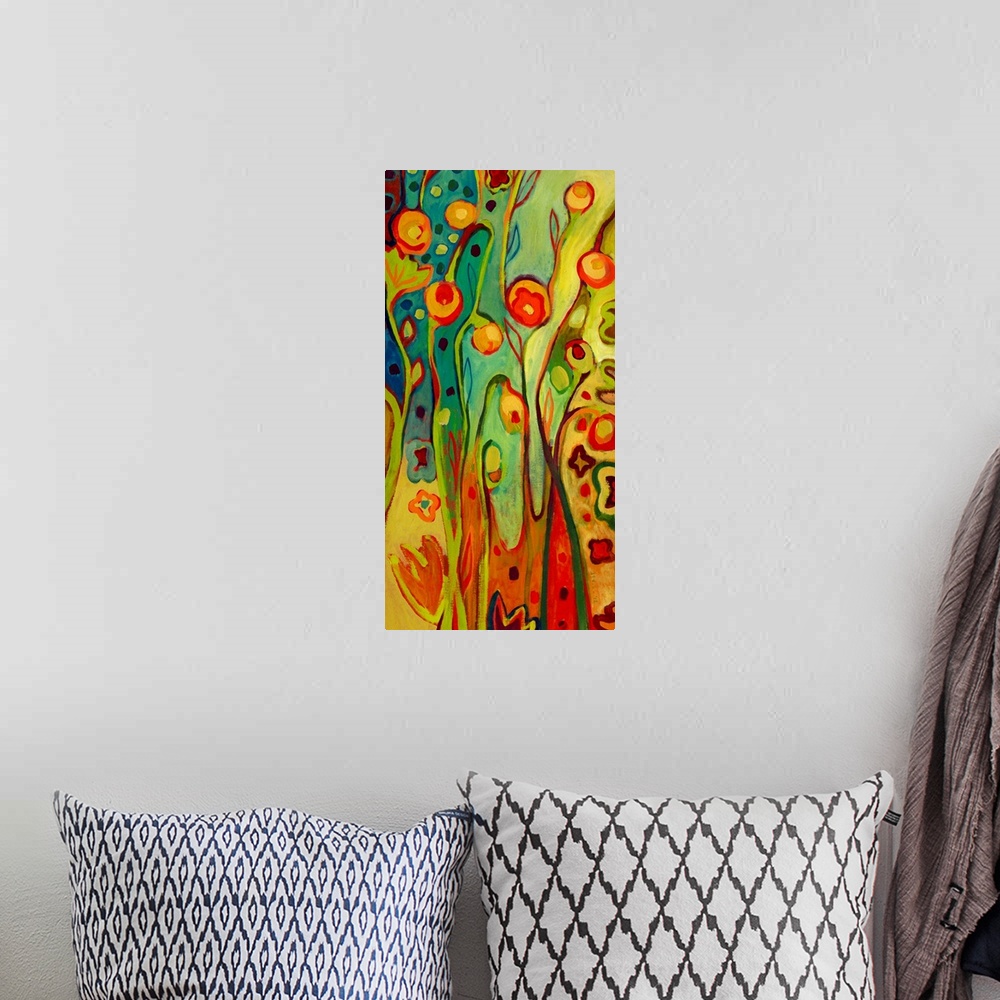 A bohemian room featuring Vertical abstract painting of flowers with long stems with various circles and flower shapes in t...