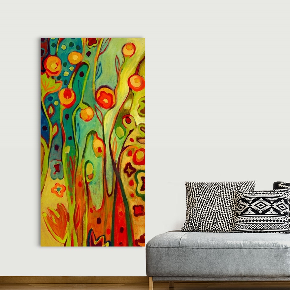 A bohemian room featuring Vertical abstract painting of flowers with long stems with various circles and flower shapes in t...