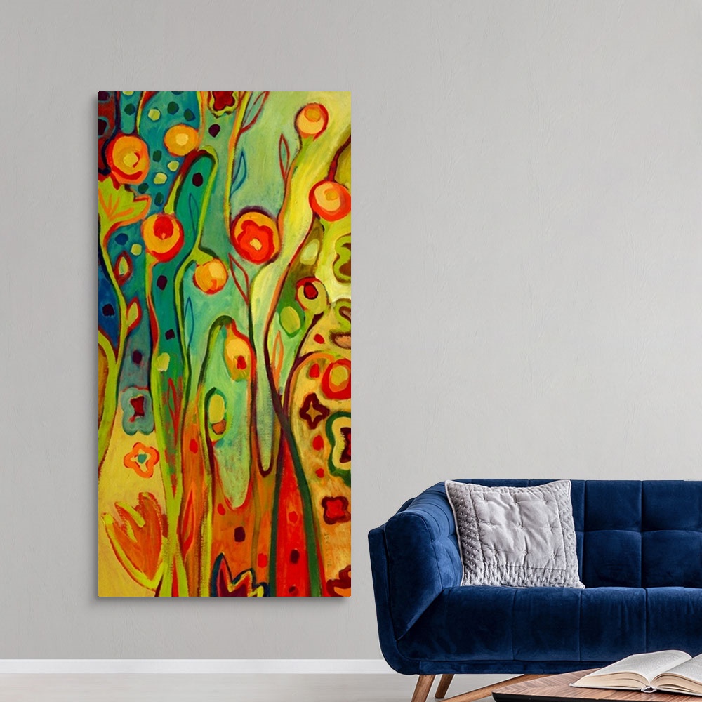 A modern room featuring Vertical abstract painting of flowers with long stems with various circles and flower shapes in t...