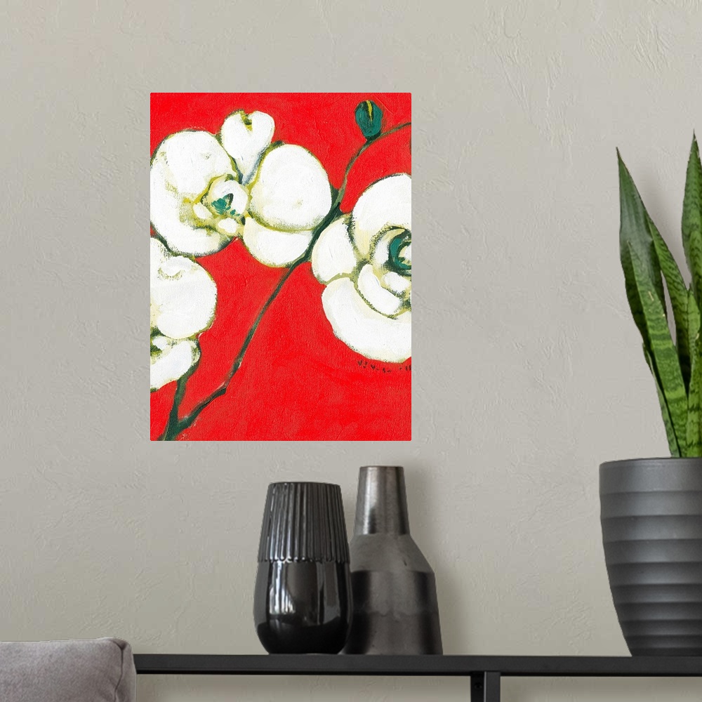 A modern room featuring Abstract painting of three flowers on stems against a warm and bright background.