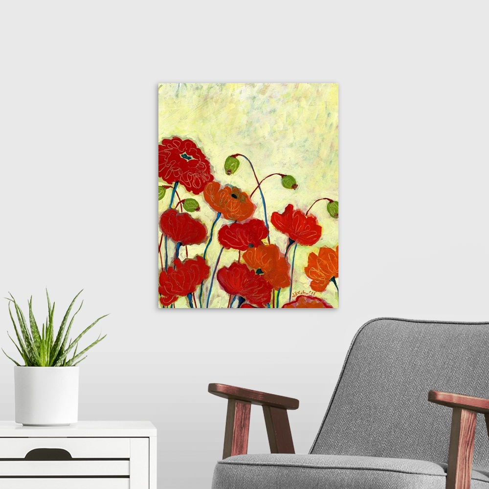 A modern room featuring A vertical painting of colorful flowers blooming with a yellow textured background.