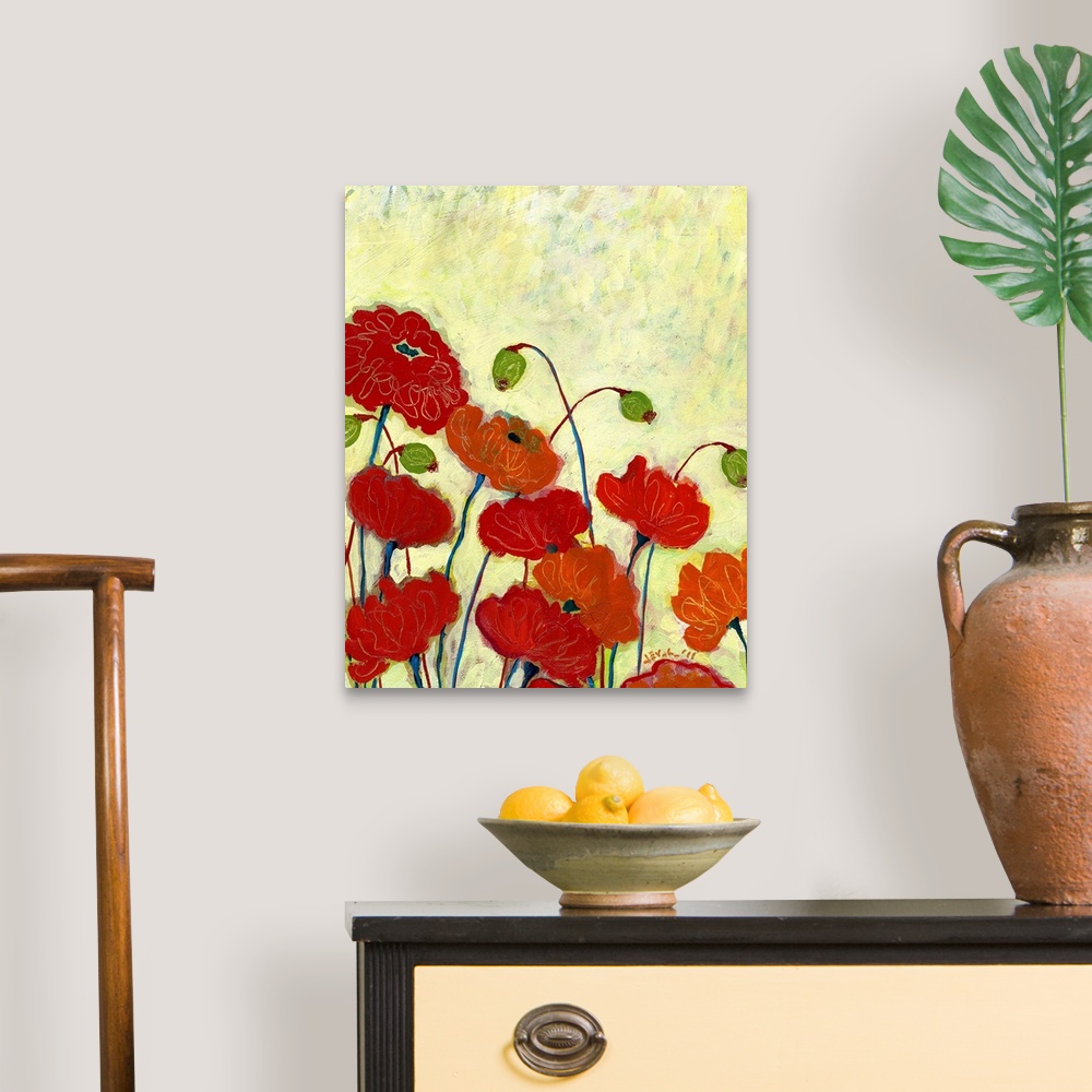 A traditional room featuring A vertical painting of colorful flowers blooming with a yellow textured background.