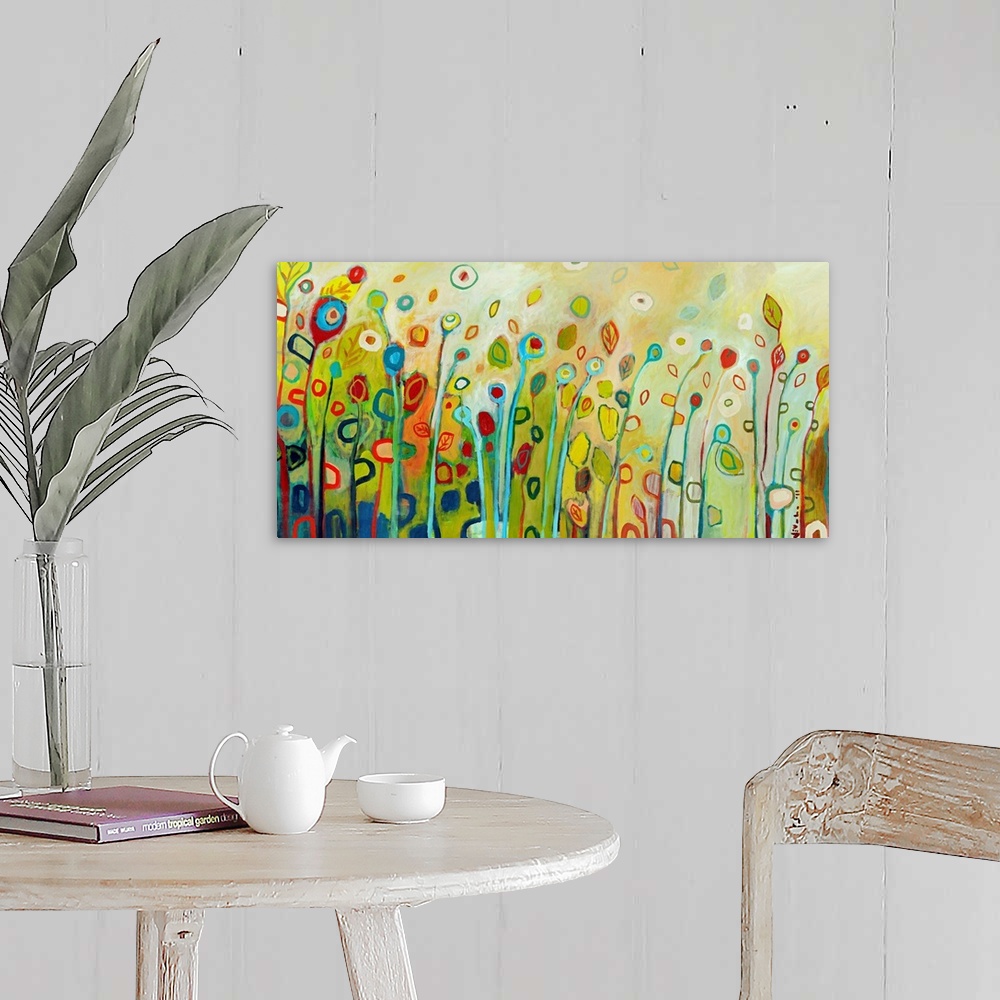 A farmhouse room featuring Large contemporary painting with vertical, multicolor flowers and leaves.