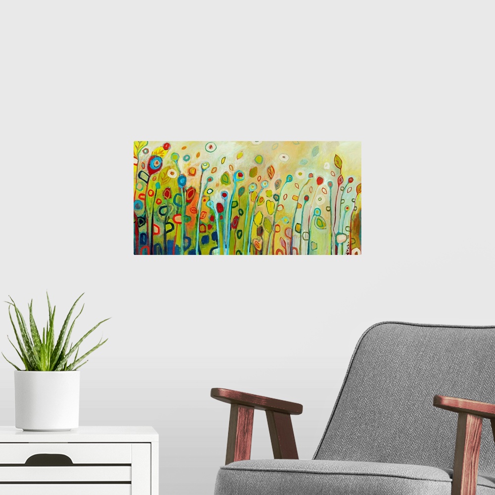 A modern room featuring Large contemporary painting with vertical, multicolor flowers and leaves.