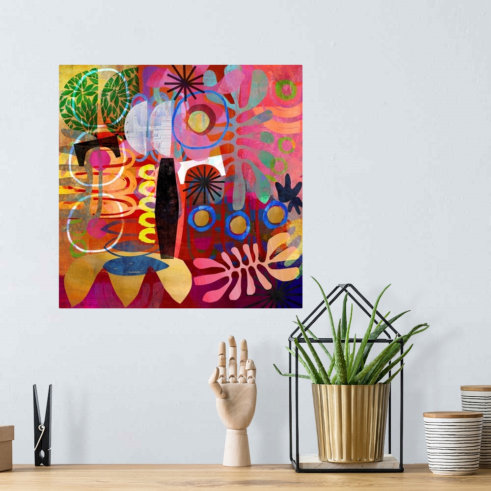 A bohemian room featuring A riotous jumble of abstract shapes in warm tones. A very impactful, maximalist work of art, it w...