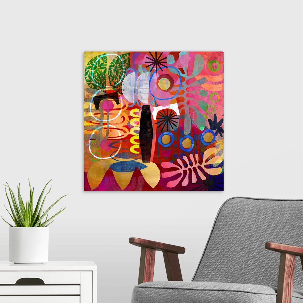 A modern room featuring A riotous jumble of abstract shapes in warm tones. A very impactful, maximalist work of art, it w...