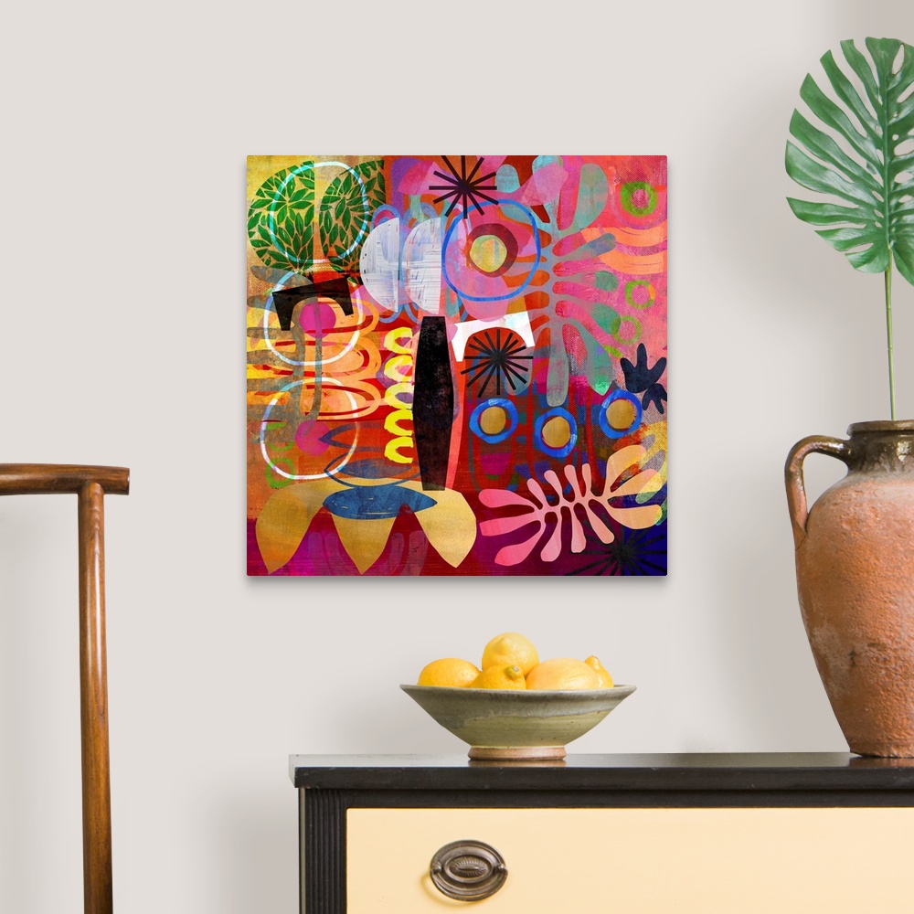 A traditional room featuring A riotous jumble of abstract shapes in warm tones. A very impactful, maximalist work of art, it w...