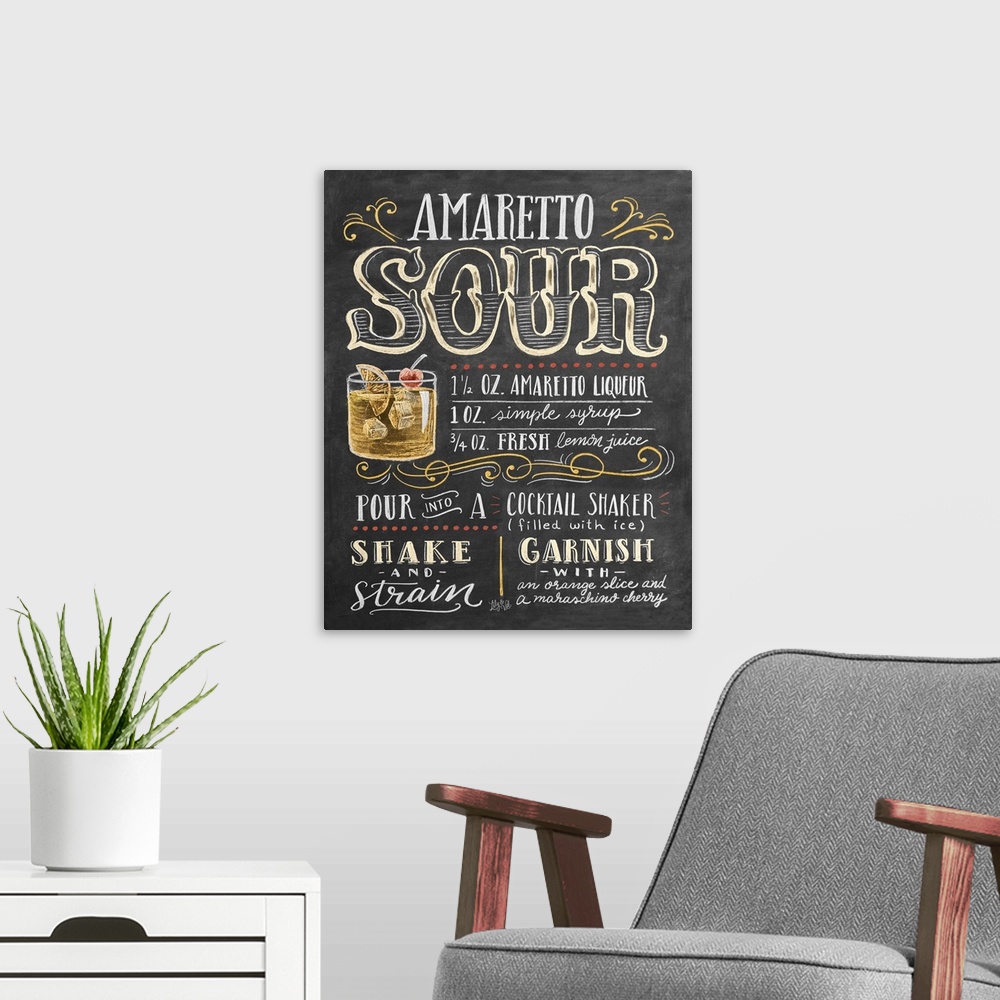 A modern room featuring Handlettered recipe for an Amaretto Sour cocktail with the appearance of a chalkboard drawing.
