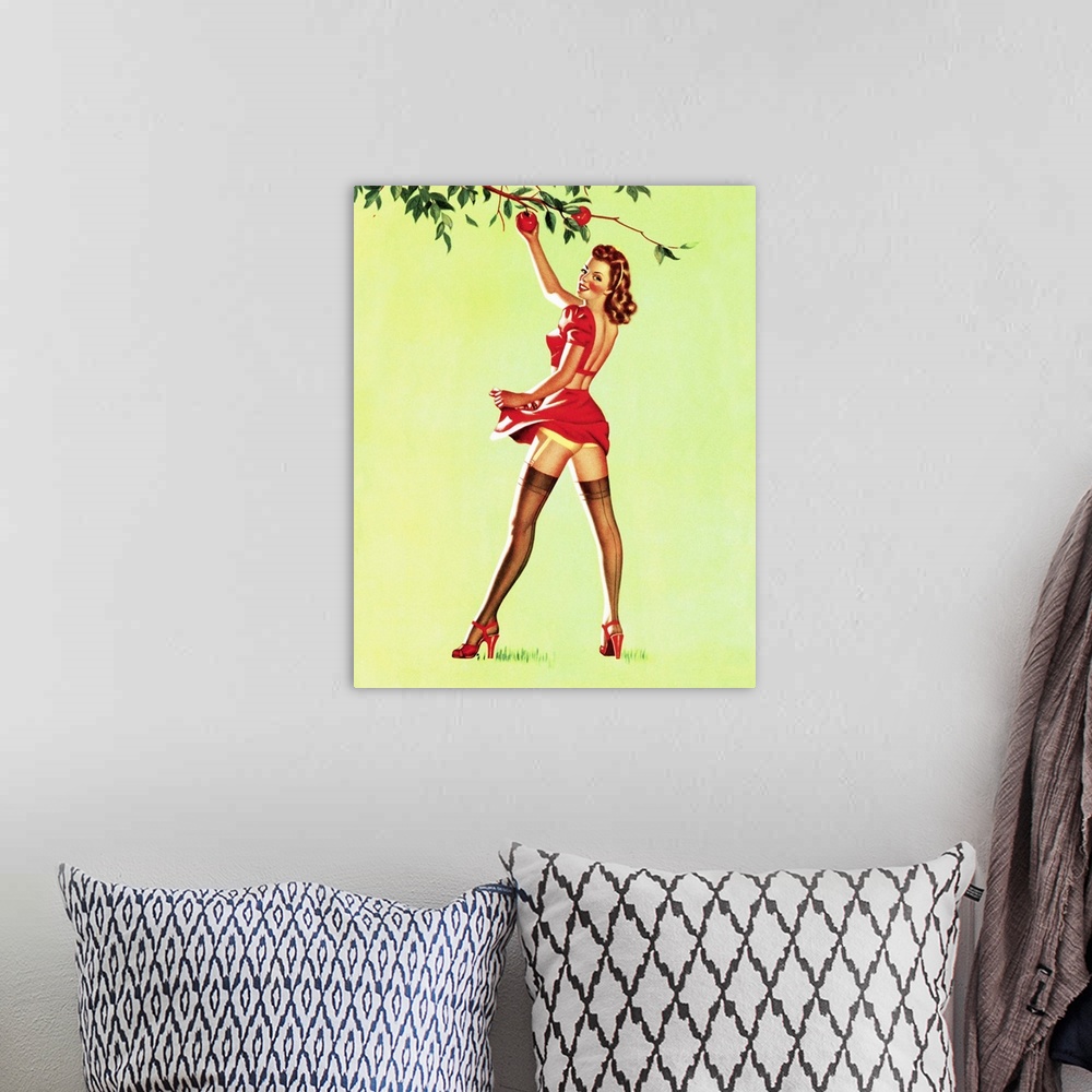 A bohemian room featuring Vintage 50's pin-up girl picking apples from a tree.